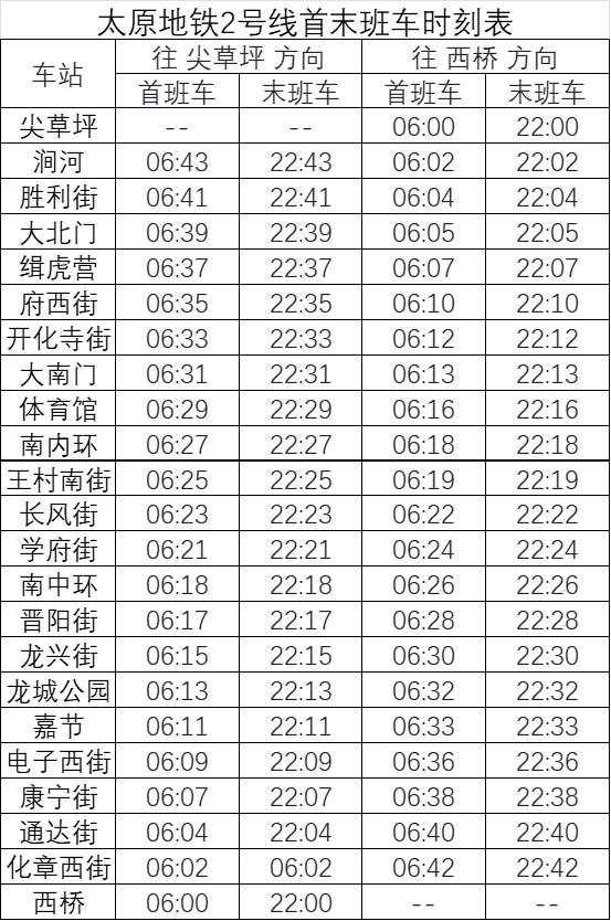 2号线首末班时刻表